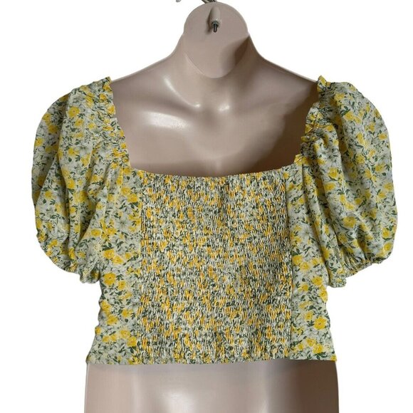 ASTR Womens Floral Smocked Top Medium Yellow Puff Sleeve Cropped Boning NWT - Picture 3 of 12